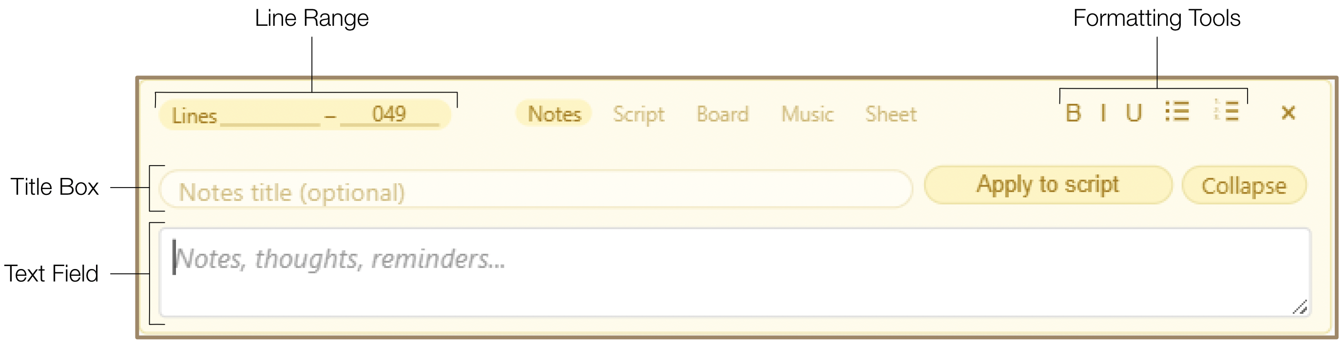 Notes injection overview showing the text field with Bold, Italic, Underline toolbar and formatting options